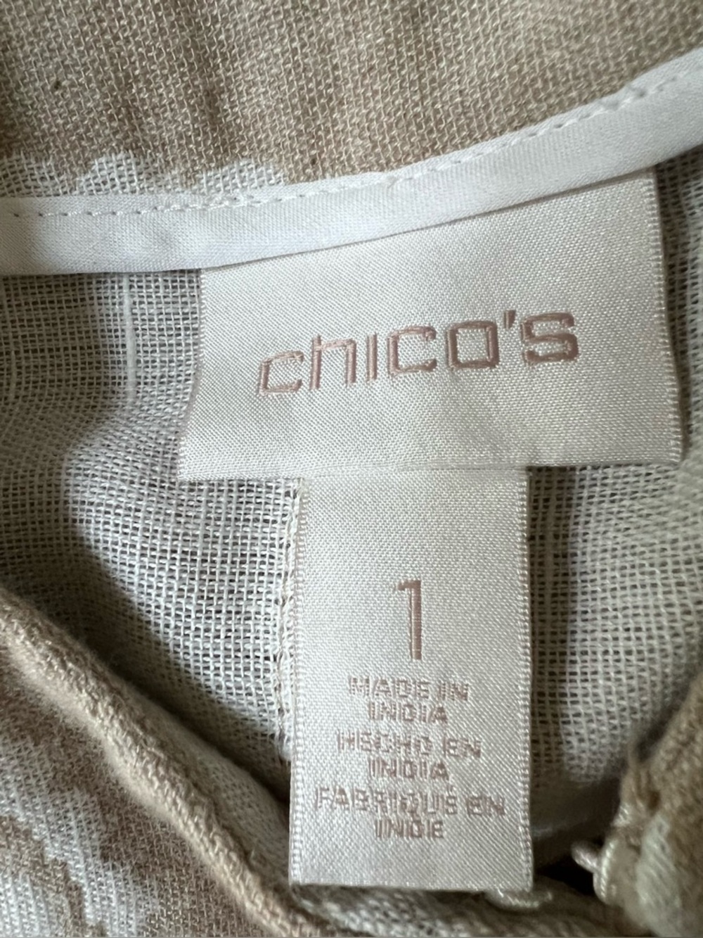 Chico's Womens 1 Floral Jacquard Tan White Linen Cotton Boho Open Jacket Duster - Picture 5 of 7